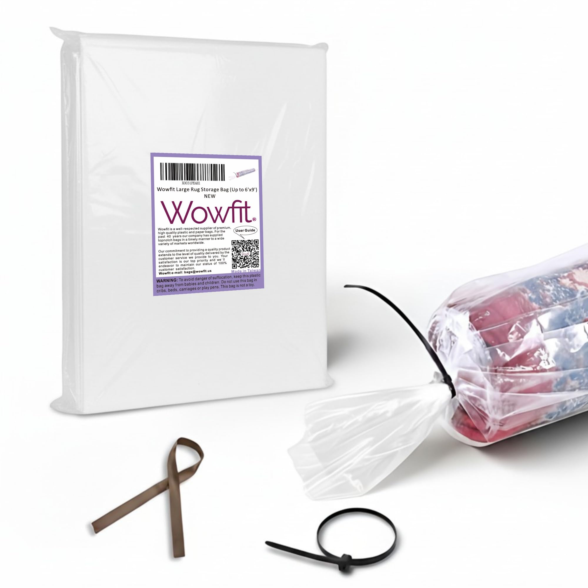 Wowfit Large Plastic Rug Storage Bag with Zip Tie, Heavy Duty Fits Rug up to 6'x9', Perfect for Moving, Packing and Shipping