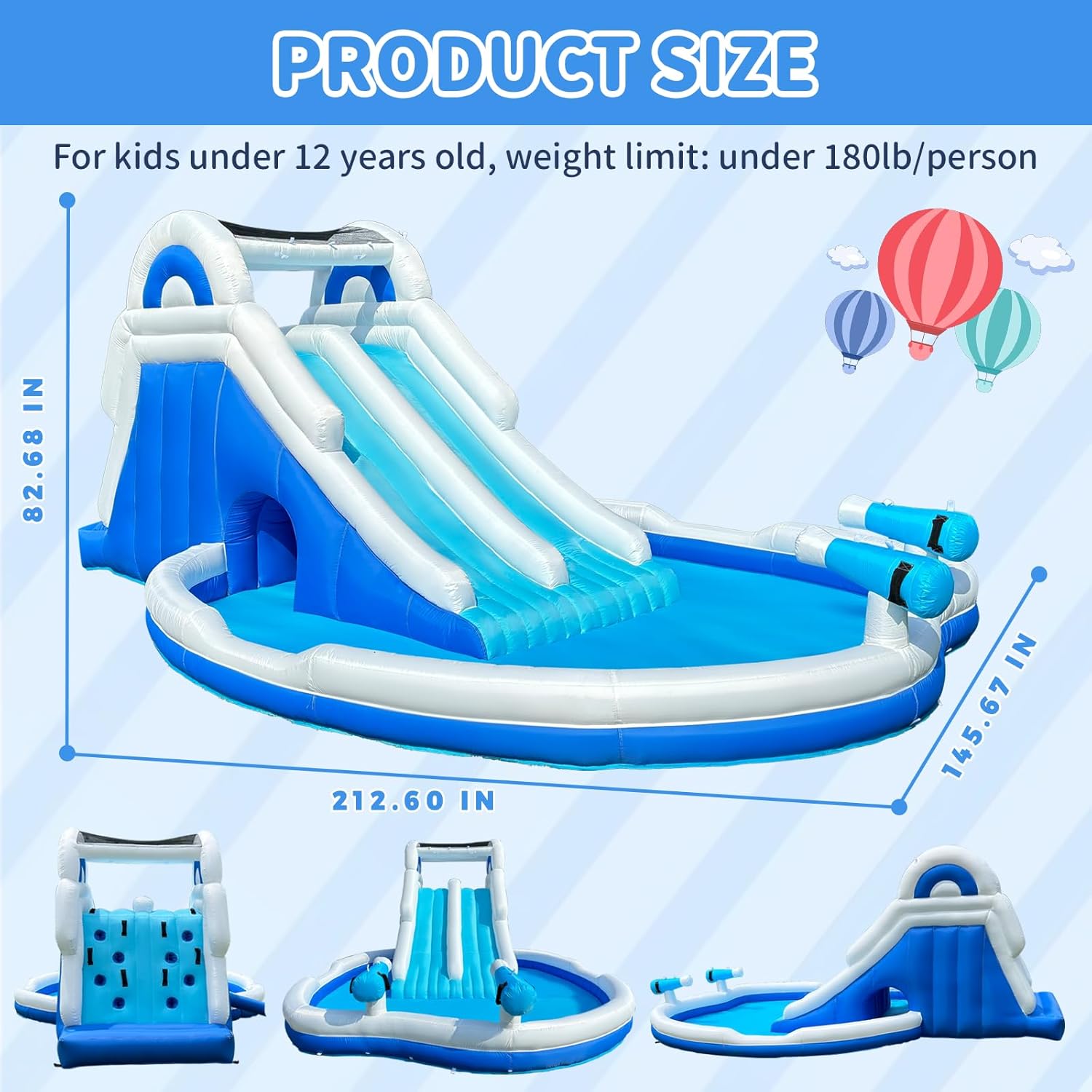 Water Dual Slide Kids Inflatable Water Park | Inflatable Double Slide and Splash Pool | Great for Kids Ages 5 and Up (Blue and White, 212.6x145.67x82.68 inch)