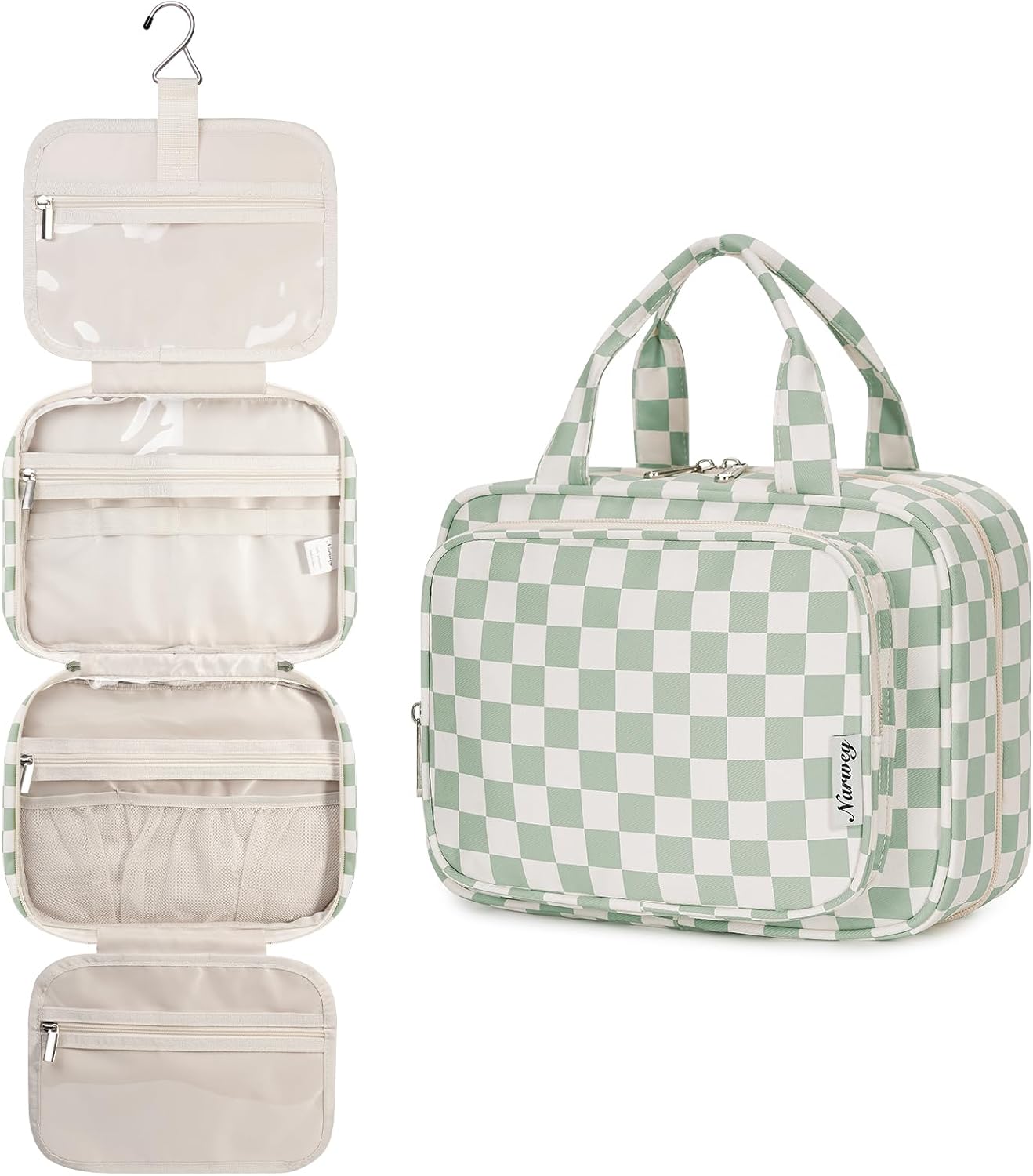 Narwey Hanging Toiletry Bag for Women Travel Checkered Makeup Organizer Mint Green Checkerboard Medium