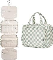 Narwey Hanging Toiletry Bag for Travel - Checkered Makeup Organizer with Metal Hook, Water-Resistant Compartments (Green Medium)