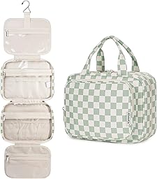 Narwey Checkered Hanging Travel Toiletry Bag for Women Wash Bag Cosmetics Makeup Bag Organizer for Travel Size Accessories(Checkerboard Mint Green (Medium))
