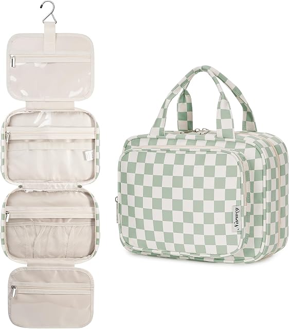 Narwey Hanging Toiletry Bag for Women Travel Makeup Bag Organizer Toiletries Bag for Travel Size Essentials Accessories Cosmetics (Mint Green Checkerboard (Medium))