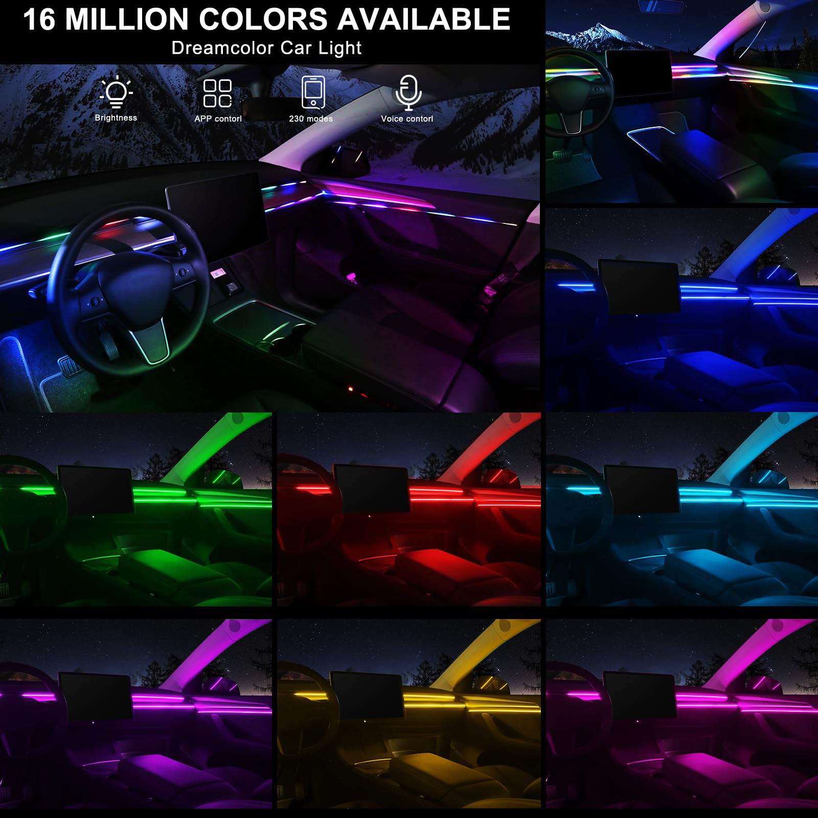 Dreamcolor Acrylic Interior Car LED Strip Light with Wireless APP, RGB 6 in 1 with 175 inches 593 LEDs Fiber Optic Strip Lights for Car, Dynamic Chasing Music Sync Neon Car Ambient Lighting Kits