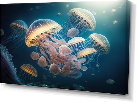 DesignQ Jellyfish Oversized Wall art decor, Jellyfish Wall art, Graceful Jellyfish Gliding in the Ocean I, Blue Modern Canvas wall art, 40x30 inches