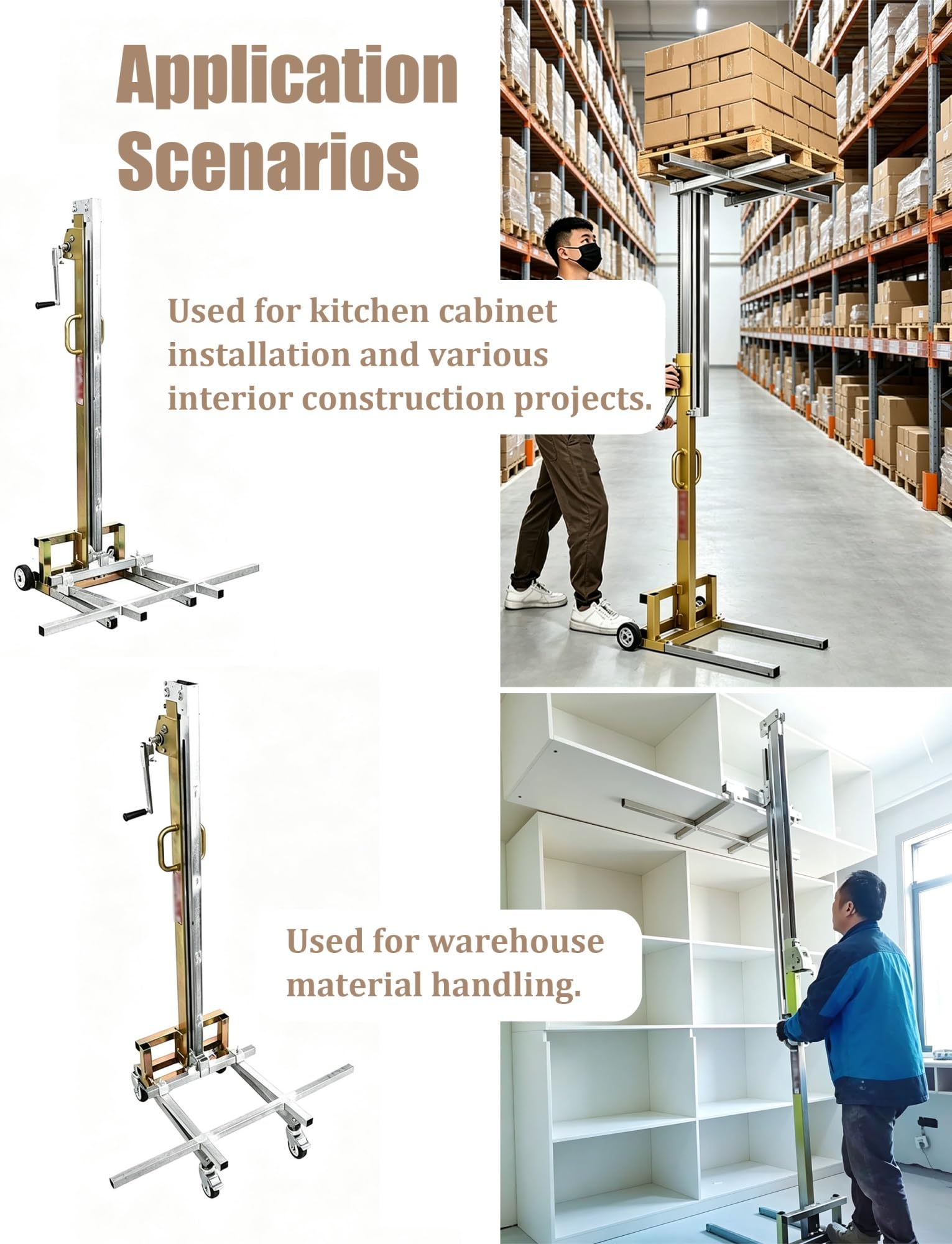 Tragbarer Materialhebewagen, manueller Schrankheber mit Seilwinde für Lager | Ein-Mann-Bedienung von Hebegeräten for die Montage von Deckenschränken und Trockenbauplatten(C Two wheels 240 cm/7.87 ft)