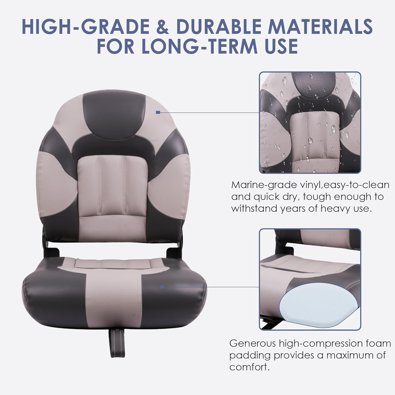 Deluxe High Back Boat Seat, Fold-Down Fishing Boat Seat Grey/Charcoal