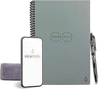 Rocketbook Reusable Digital Notebook - Smart Notepad A5 Grey - Wirebound Note Book To Do List Pad, Dotted Paper with Frixion Erasable Pen and Wipe, Office Gadget App Reduce Paper Waste