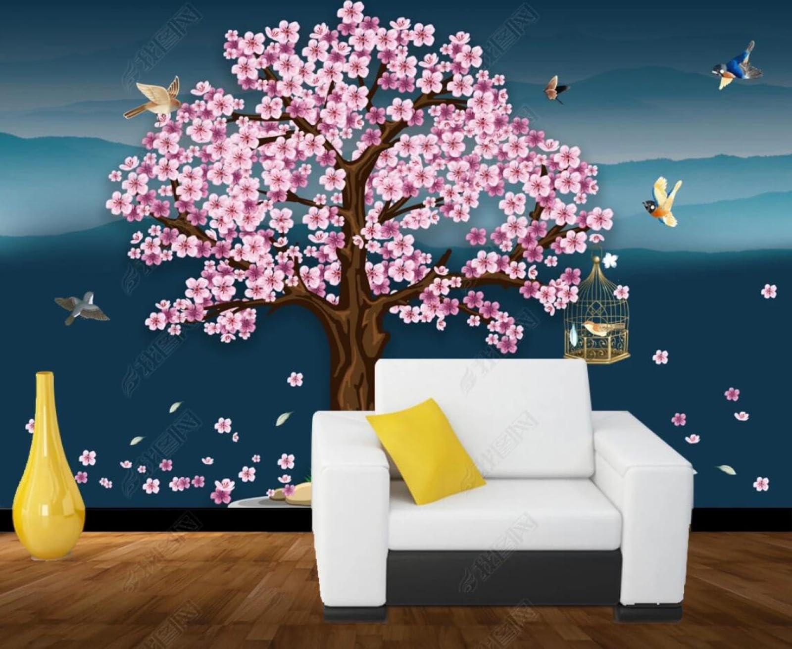 Papier peint panoramique rose fleur de pêche pour salon et chambre