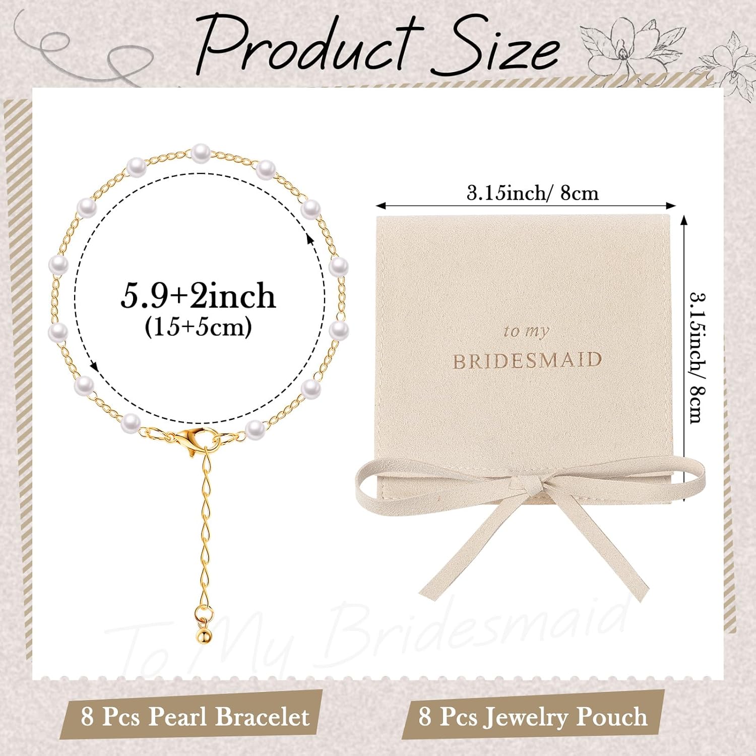 Quelay 16 Pcs Jewelry Bridesmaid Gift Pearl Bracelet Microfiber Jewelry Bag Pouch Set of 8 for Wedding Bridal Party Favor - Image 2