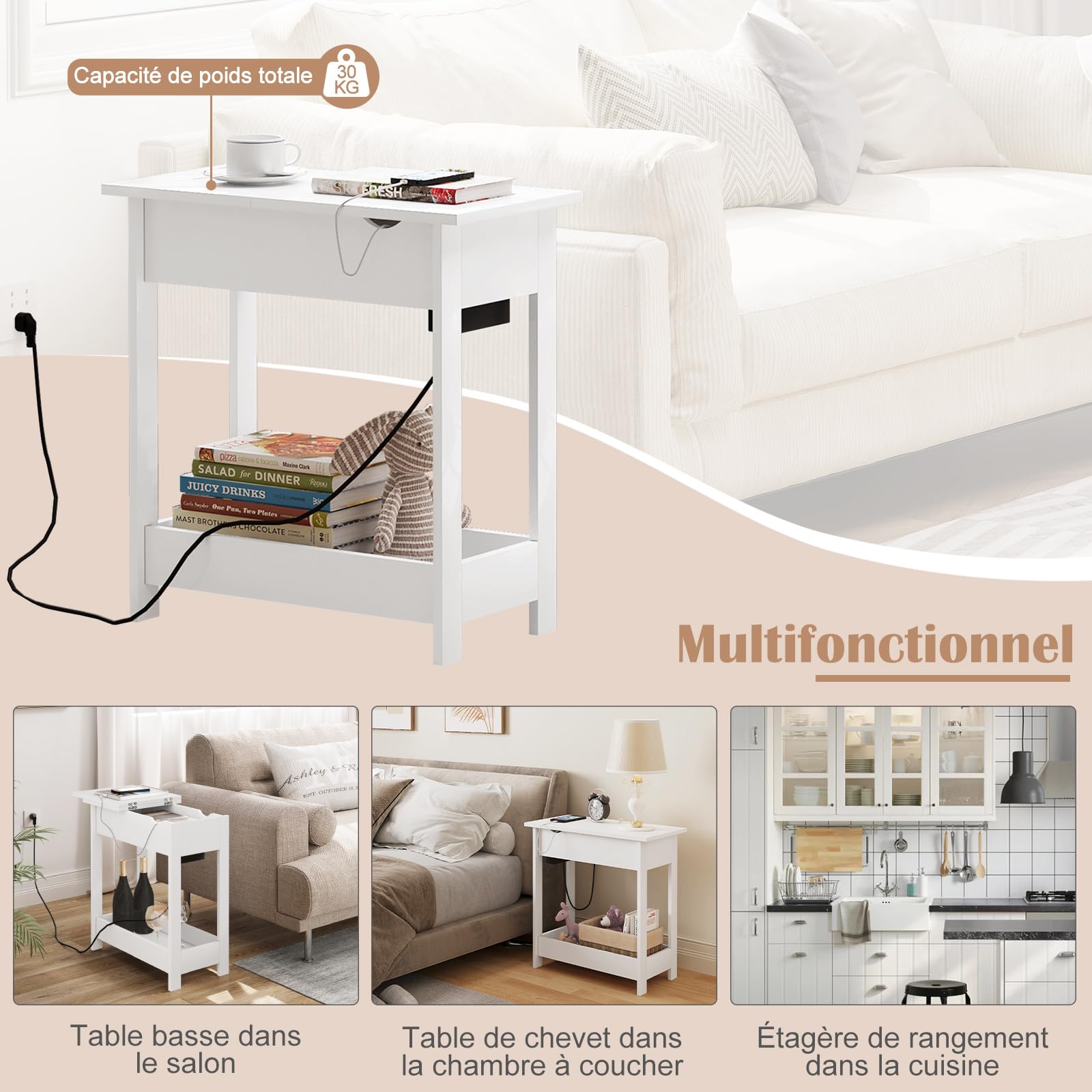 EUGAD Table d'Appoint avec Station de Charge, Table de Chevet avec Prise, Plateau Rabattable, 2 Ports USB, 2 Prises, 3 Niveaux de Rangement, Blanc, MDF, 0001CHJ