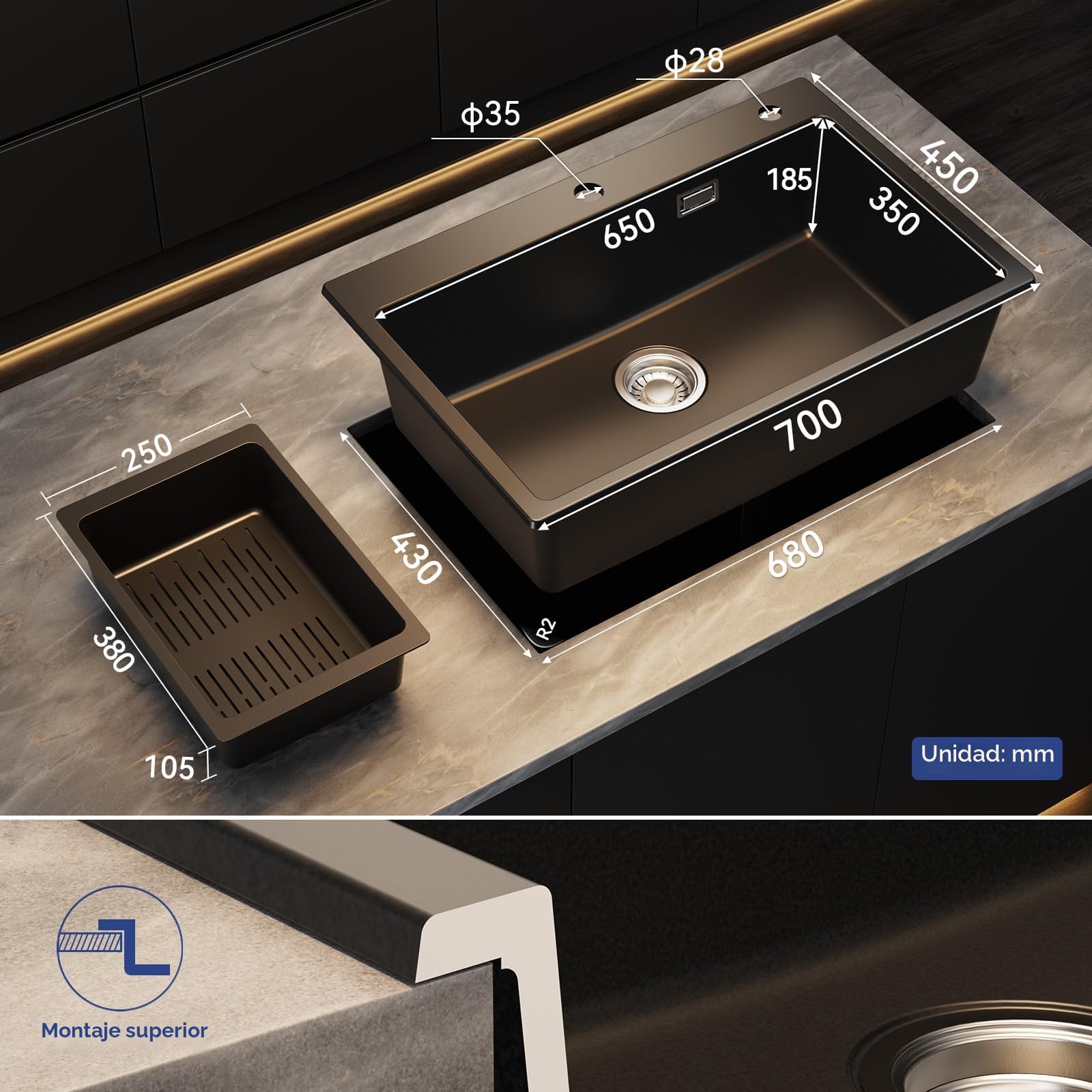 Fregadero de granito negro 70x45 cm con grifo mezclador y juego de ducha extraíble, fregadero de cocina rectangular para mueble bajo de 70 cm, fregadero de cocina con accesorios de drenaje