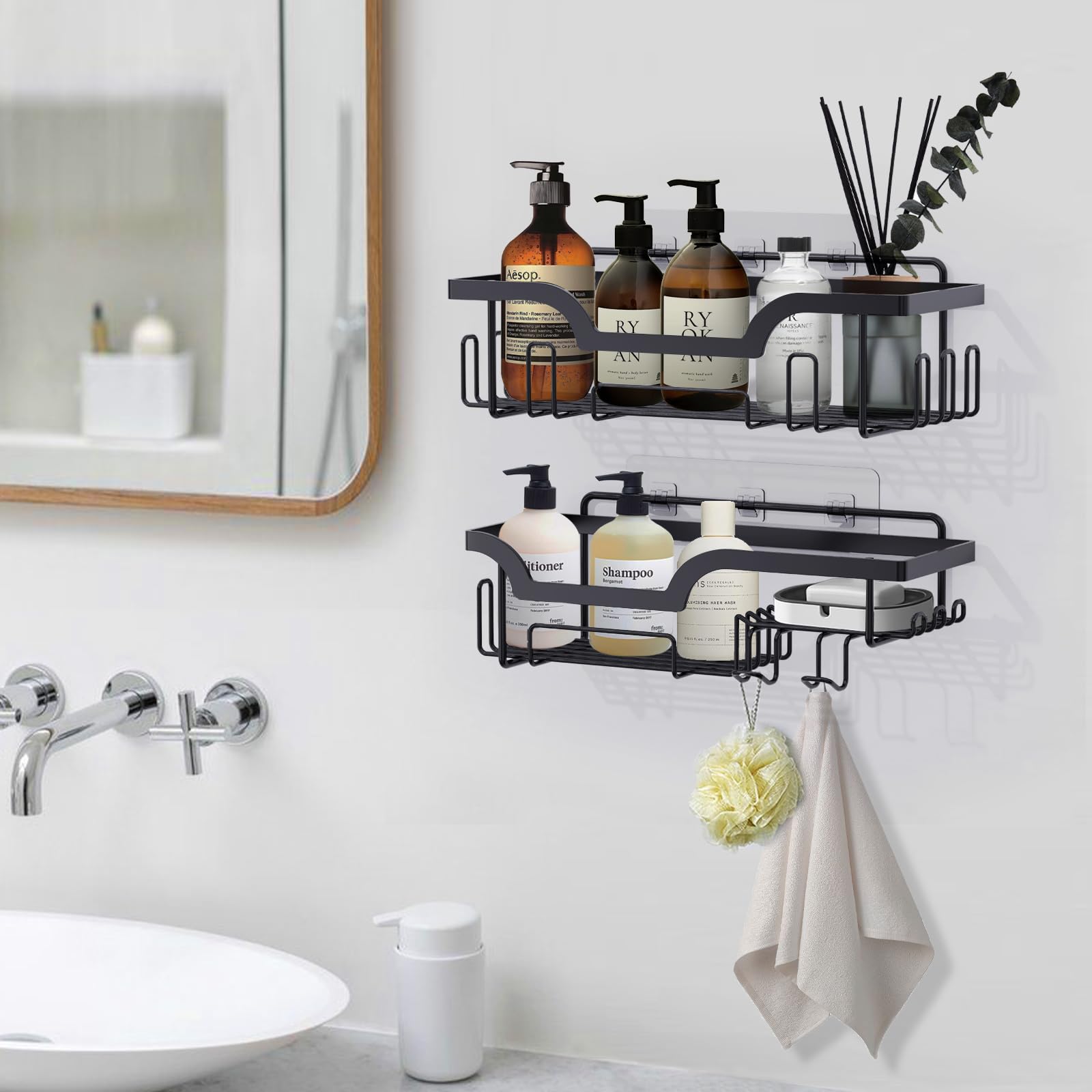 Honsdom Mensola Doccia Senza Foratura in Set da 2, Porta Sapone Doccia Adesivo con Ganci, Mensole Bagno per Rasoi, Shampoo, Bagnoschiuma (Nero)