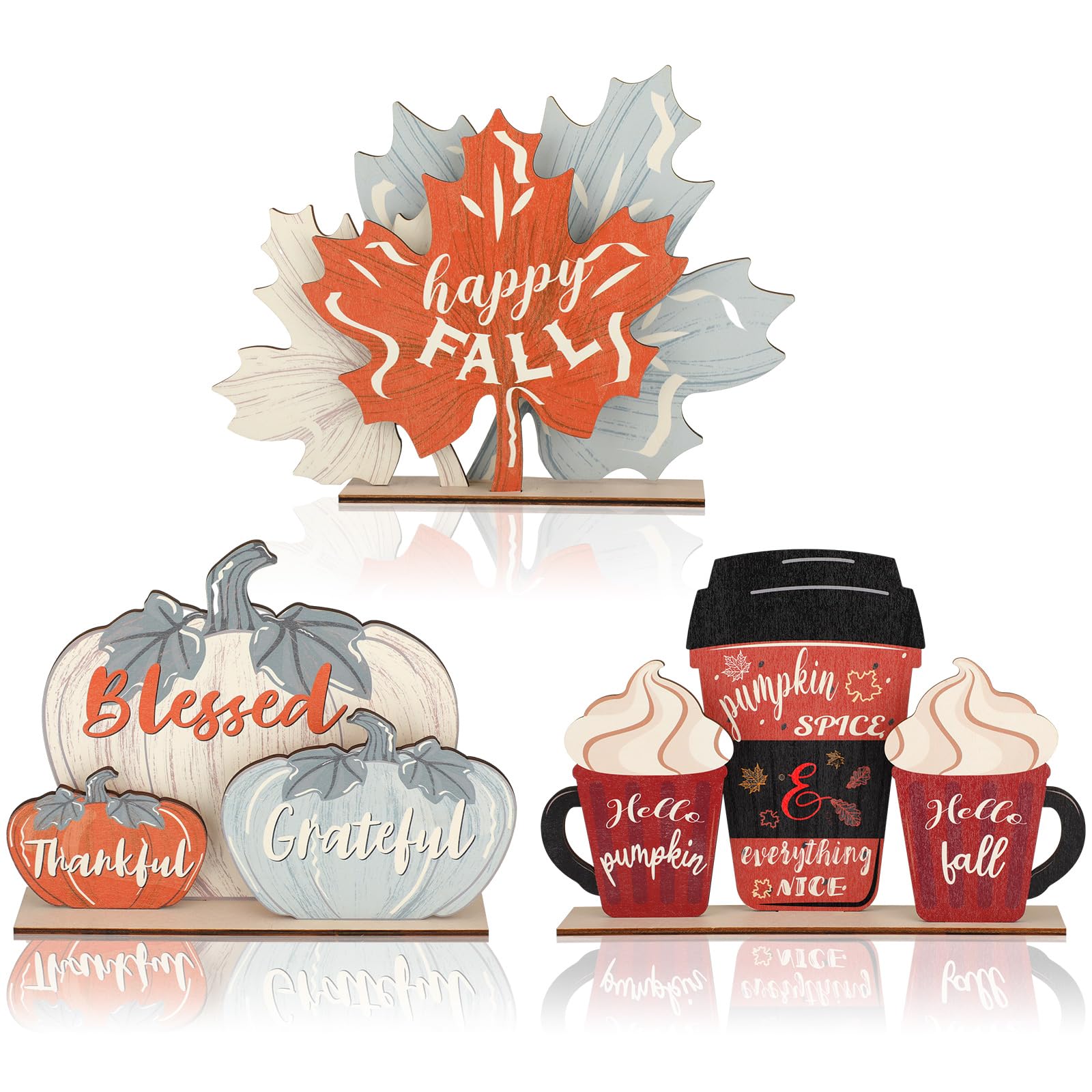 BarydatBarydat 3 Pcs Fall Table Decorations for Home Blessed Grateful Thankful Wood Sign Maple Leaves Pumpkin Ice Cream Coffee Cup Tabletop Signs Farmhouse Happy Fall Decor for Thanksgiving Autumn Harvest