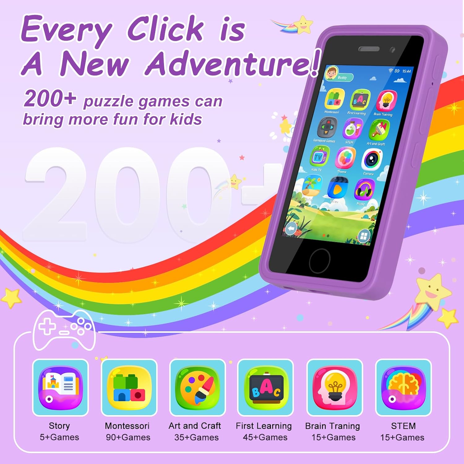3.97" Touchscreen Kids Toys Smart Phone, Kids Phone with Games & Dual Camera, Toddler Toys Phone, Boys and Girls Learning Toy Phone for 3-9 Years Old (Purple)