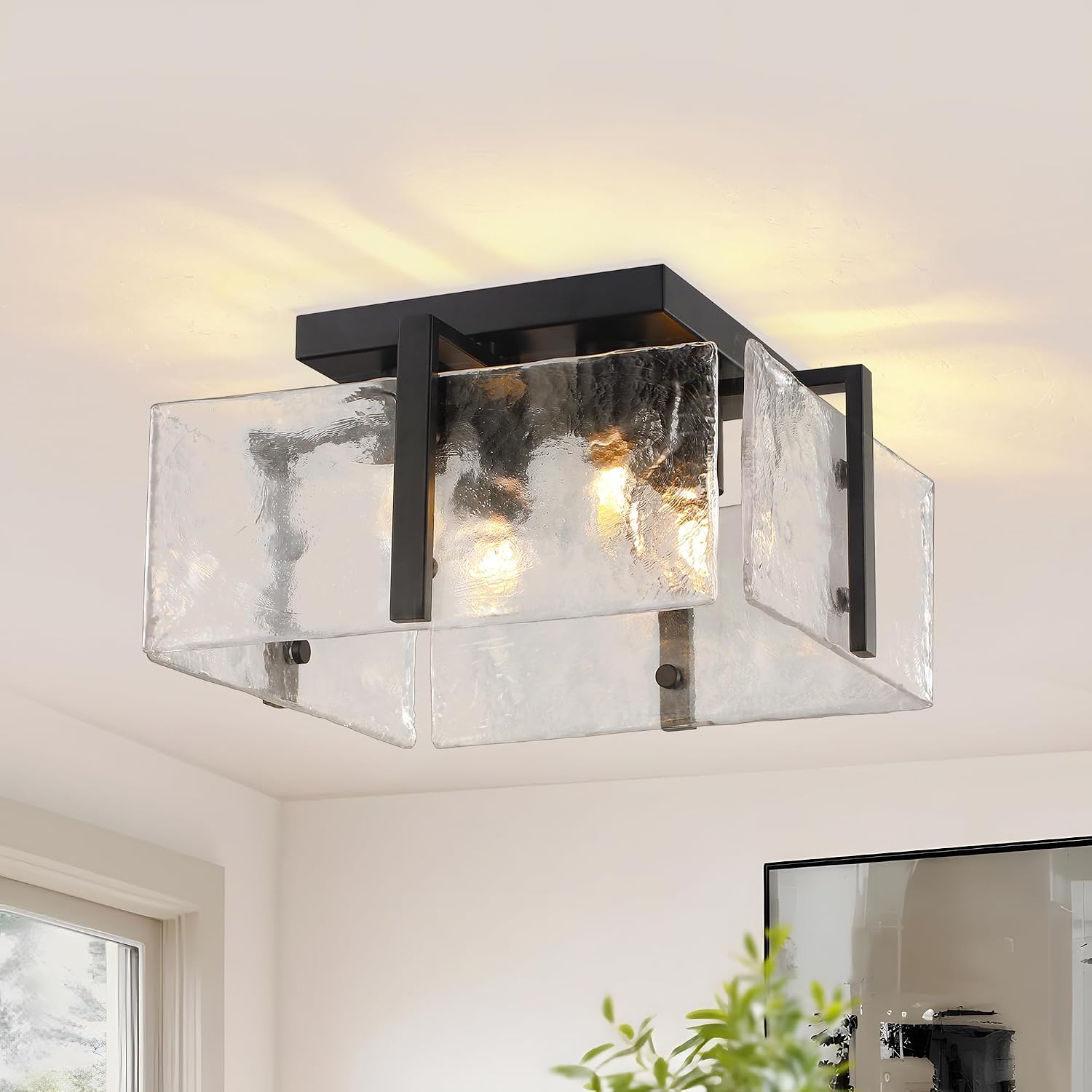 14.2'' Black Semi Flush Mount Ceiling Light, 4-Light Modern Glass Ceiling Light Fixture Industrial Farmhouse Light Fixture for Foyer, Hallway, Entryway, Kitchen Island, Dining Room