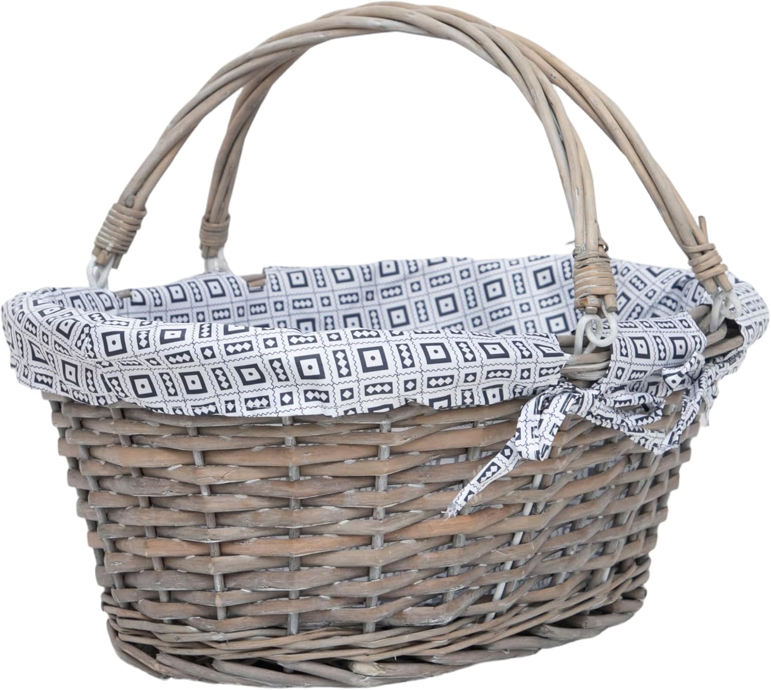 Large Oval Wicker Picnic Basket with Liner & Folding Handles, Hand Woven Willow Portable Storage Basket for Outdoor Camping, Beach & Party