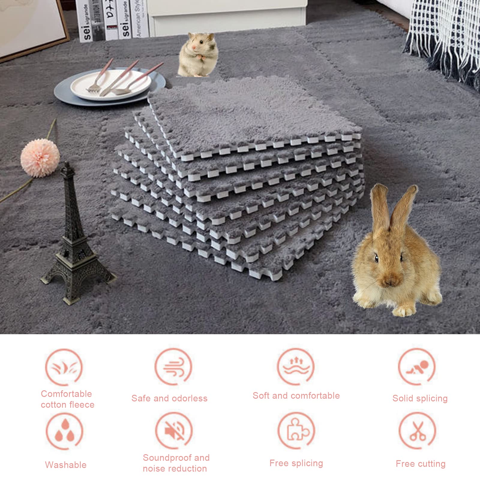 MENAYODA 10 sztuk nachodzących na siebie piankowych płytek dywanowych, 30 x 30 cm, pluszowe puzzle, piankowe maty z krawędzią, antypoślizgowy dywan do podłogi w pomieszczeniu, MEN-TUE0703