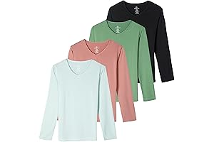 Real Essentials Women's Dry-Fit V-Neck Workout Athletic Long-Sleeve T-Shirts (Value 4-Pack)