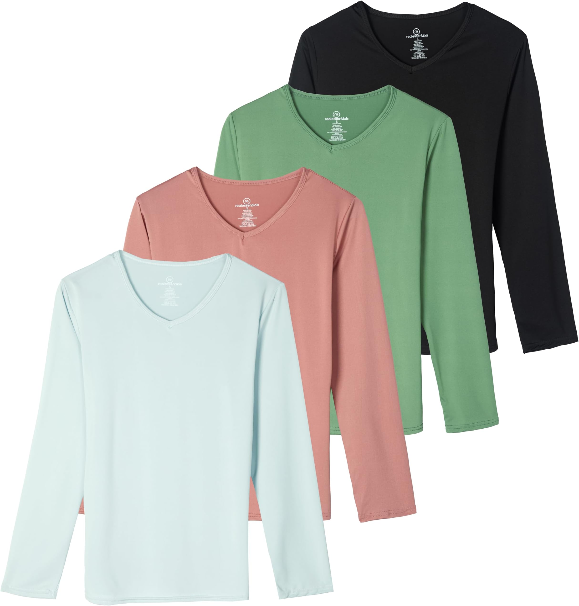 Real Essentials 4-Pack: Women's Dry-Fit Long-Sleeve V-Neck Athletic Workout Shirt (Available in Plus Size)