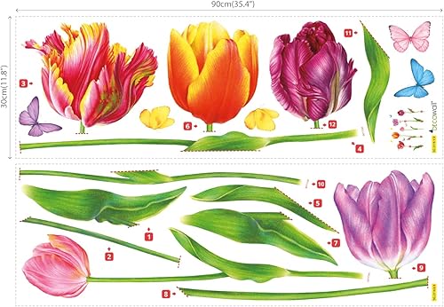 Miniatura 6 de DECOWALL SG-2116 5 calcomanías de pared de tulipán grandes, coloridas calcomanías de mariposa de flores para dormitorio, sala de estar, cuarto de