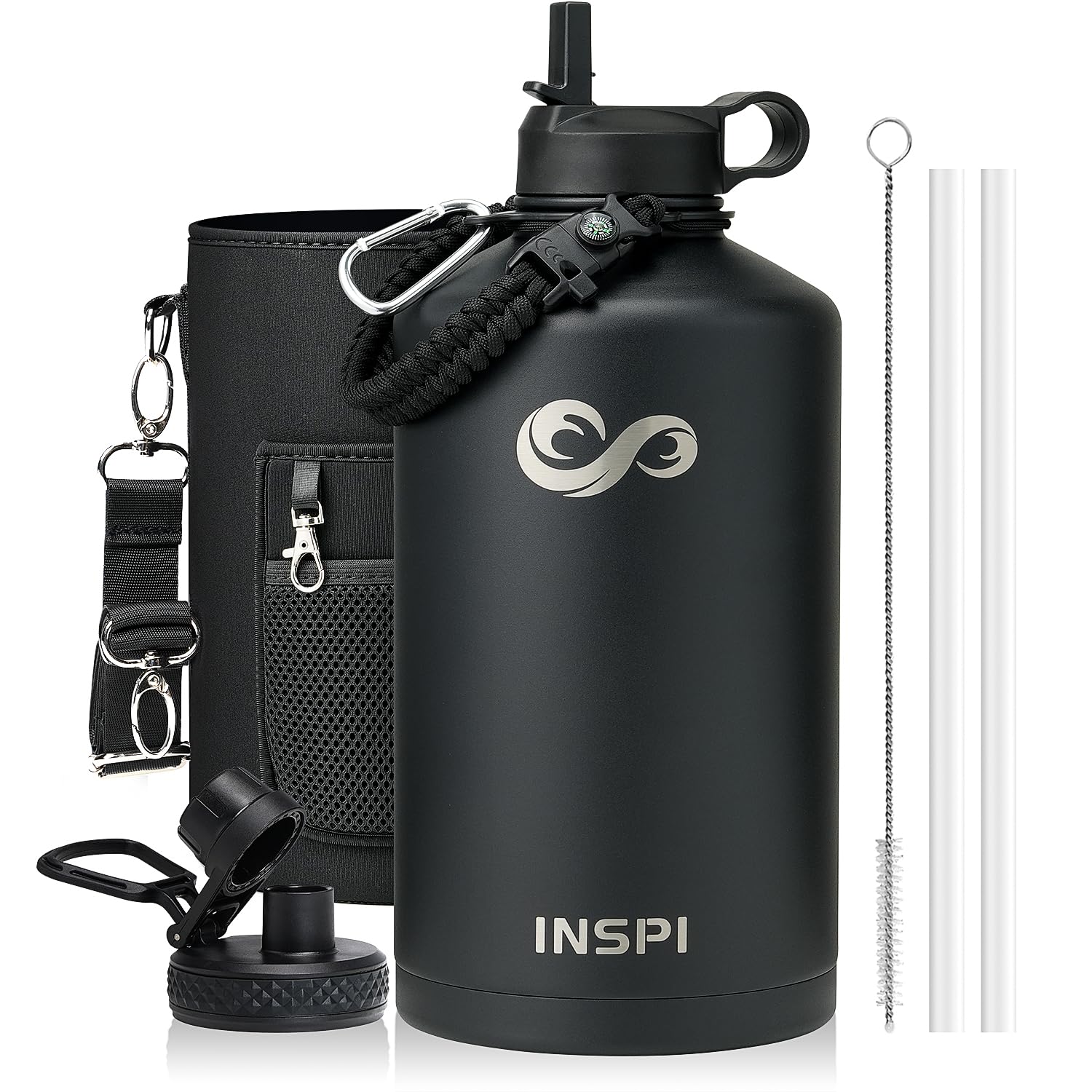 One Gallon Water Bottle Insulated,128 oz Large Food-Grade Stainless Steel Water Bottle (Cold for 48 Hrs), Leak Proof & Non-BPA, Large Water Flask Jug with Paracord Handle & Straw Spout Lids,Black