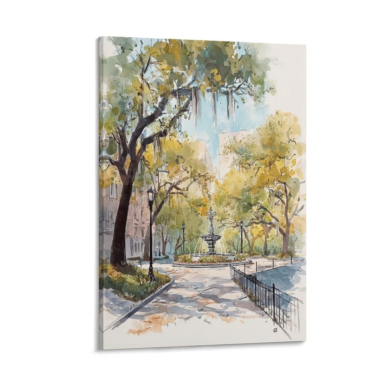 LCYNNH Savannah Forsyth Park Mid-Century Modern 20x30inch(50x75cm) Vintage Travel Poster Watercolor Canvas Art
