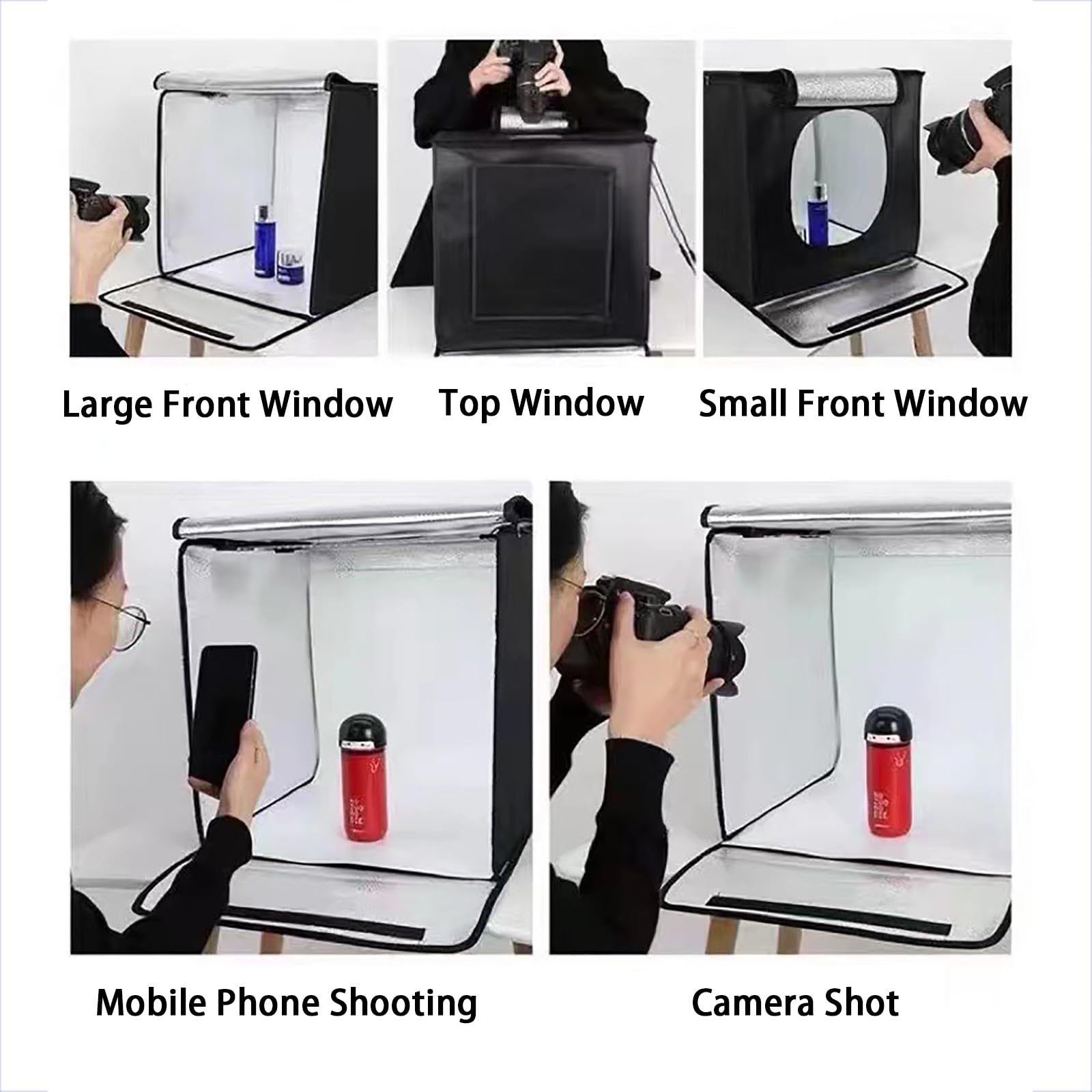 Profesjonalne Studio Fotograficzne 80 Cm, Mała Podświetlana Kaseta Do Zdjęć, Składana + 3 Temperatury Barwowe + Nieskończone Przyciemnianie + 3 Otwory Boczne + 5 Płytek Z Kolorem Tła,Black