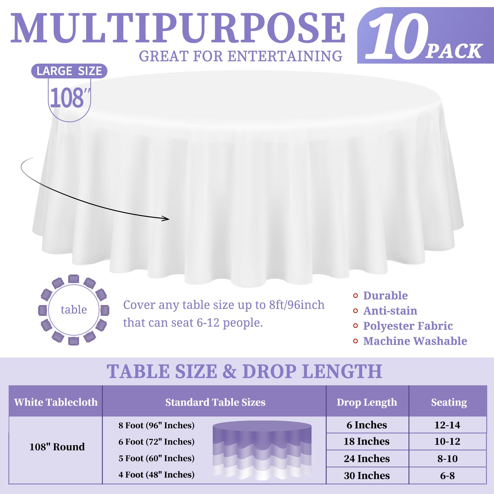 Showgeous 10 Stück Tischdecke Weiße Runde Tischdecke 275cm Polyester Stoff Tischdecke Rund Waschbare Tischdecke für Hochzeit Bankett Restaurant Buffet Parteien Garten