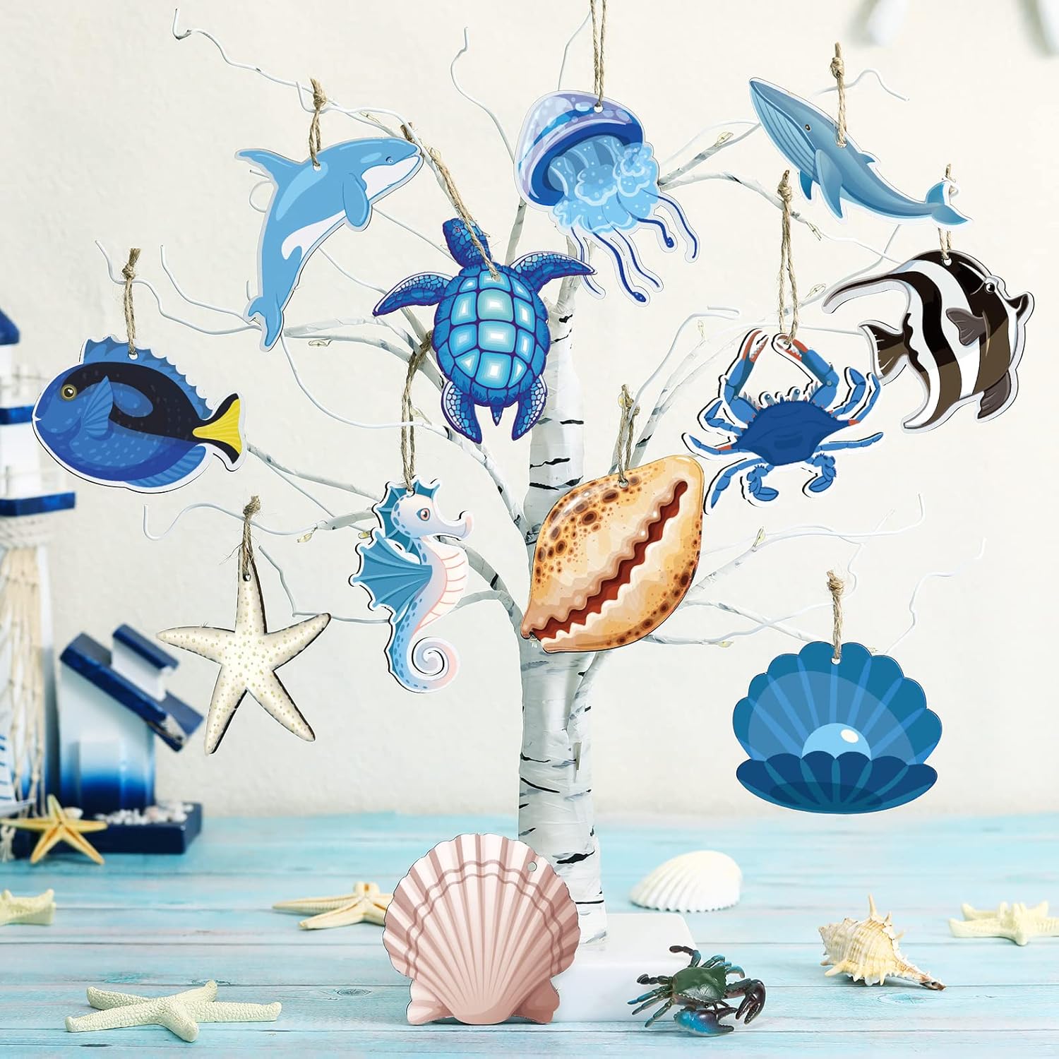 24 Pcs Summer Wooden Ornaments Ocean Beach Tree Decorations Coastal Wood Hanging Decor Beach Sea Animals Cutouts Hanging Ornaments Summer Decorations for Home Small Tree Party Office - Image 4