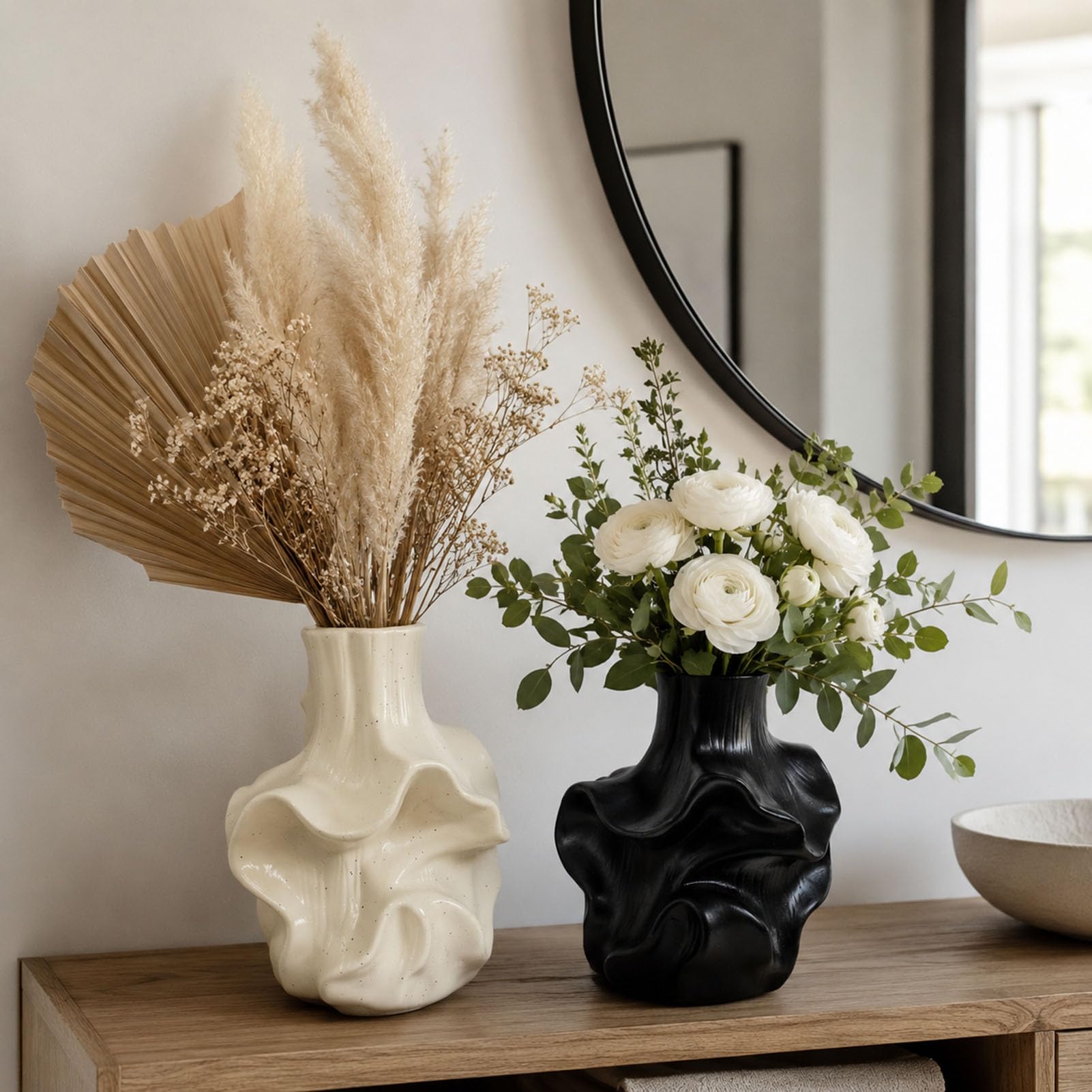 Moderne Kunstharz Vase für Pampasgras Trockenblumen und Wohndeko | Wohnzimmer Schlafzimmer Büro Esstisch Regal Kaminsims Tischdeko Zweige Kunstblumen Dekoobjekt Minimalistisch Skulptural