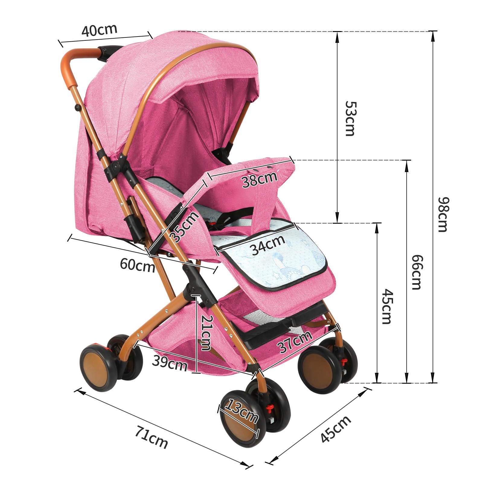 Cochecito Canne, 0-6 años, 0-35 kg, Cochecito Bebe Ligero y Compacto, Posición Alargada, Ajuste del Respaldo hasta la Posición Acostada, Ligero y Manejable, Rosa