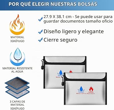 2 x Fireproof Document Bags, 9 x 6.9 Inches Waterproof and Fireproof Document Bags for Documents, Money, Passport, Bank Files and Cash (Gray)