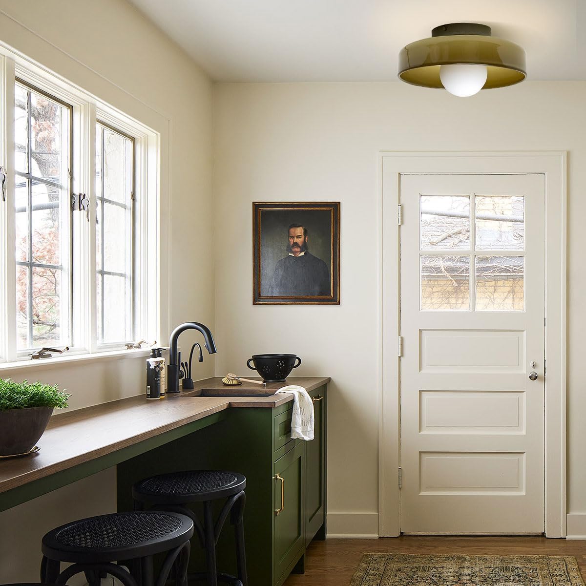 Green Ceiling Light Fixture Hallway Flush Mount Ceiling Light Mid Century Modern Ceiling Lamp with Round Dome Glass Shade, Vintage Glass Ceiling Light for Dining Bedroom Kitchen 13.8in