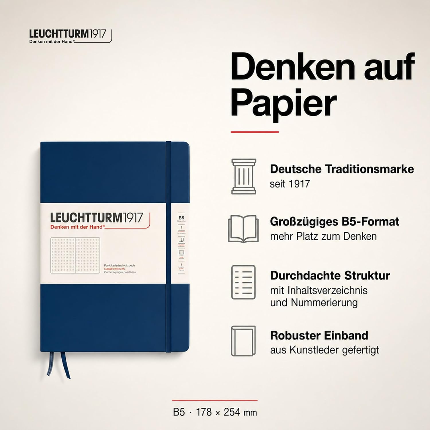 LEUCHTTURM1917 - Notebook Hardcover Composition B5-219 Numbered Pages for Writing and Journaling (Navy, Dotted) image 2