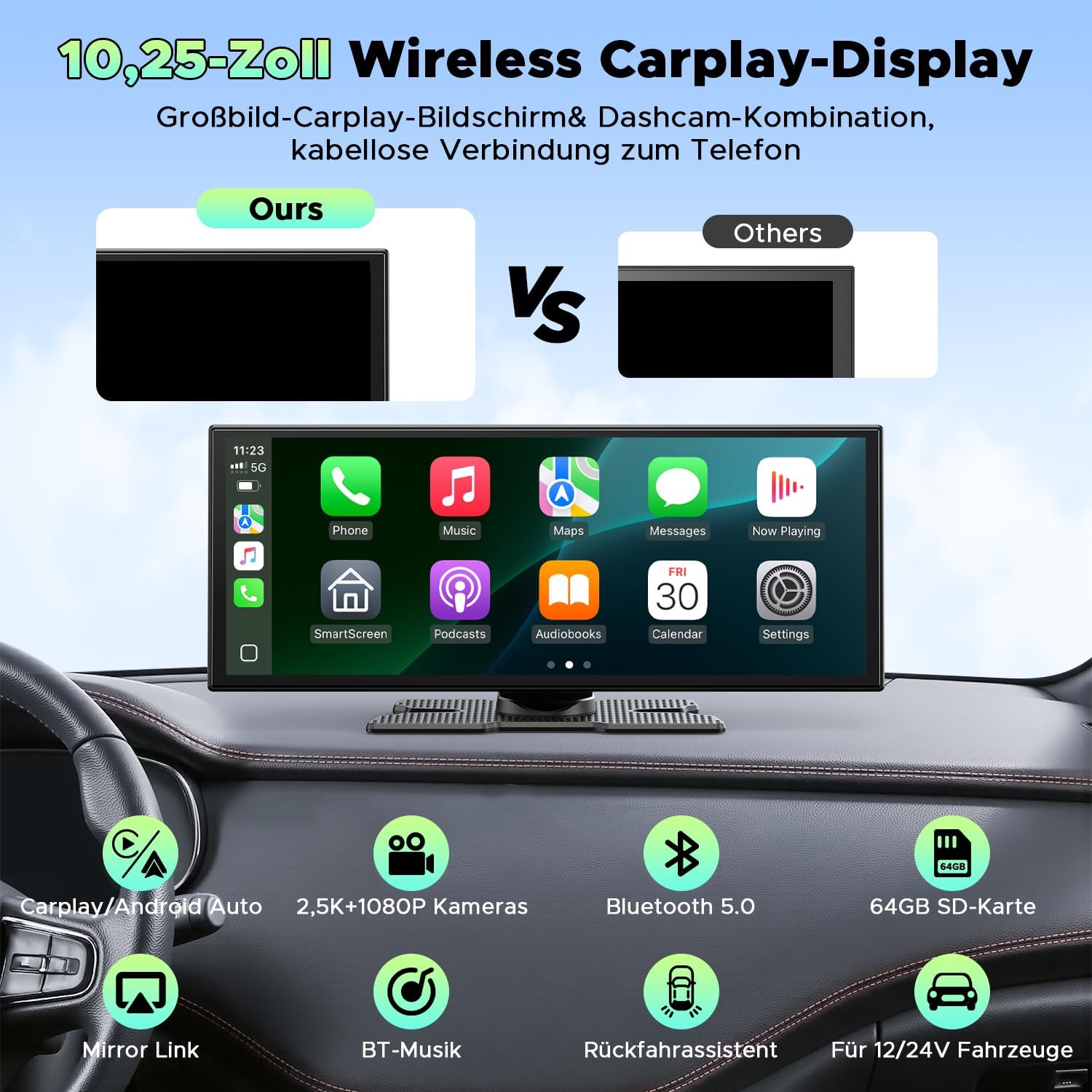 LAMTTO Wireless CarPlay Android Auto Display 10,25 Pollici Schermo per Auto Car Play con Dashcam Anteriore Posteriore 2,5K+1080P con Assistente Vocale Navigazione Bluetooth FM AUX Scheda TF 64GB