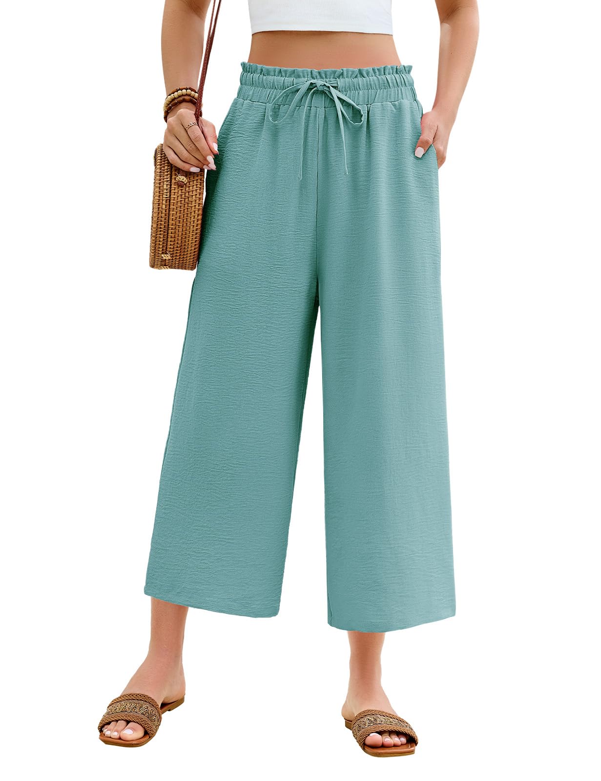 PASUDA Sommerhose Damen Leicht 3/4 Culotte Hose Sommer Weite Bein Freizeithose Elastisch Hohe Taille Elegant Caprihose Locker Bequeme Luftig Stoffhose Lässig Musselin Hosen Strandhose