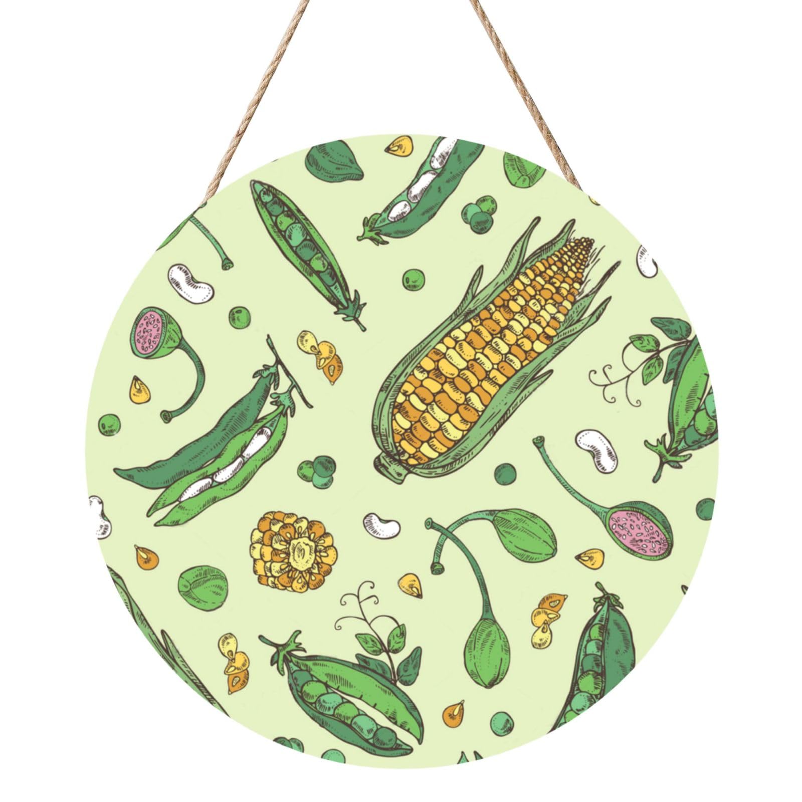 InOmak Corn Peas Pod Beans Pod Caper, Round Wood Panel Painting 12 in, Wall Hanging Painting For Home