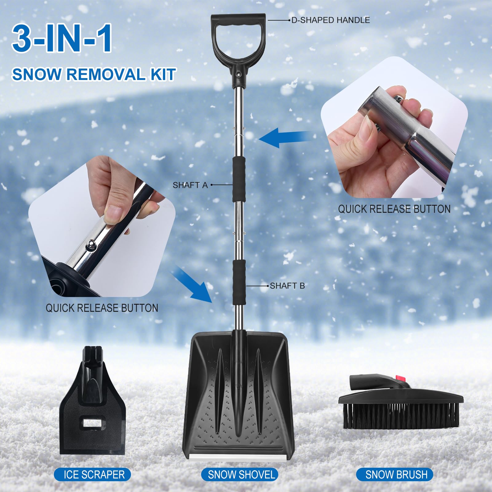 Kit con pala da neve 3 in 1, pala per la neve retrattile con raschietto per il ghiaccio e spazzola per la neve per ghiaccio, neve, ghiaino per il vialetto dell'auto. Con sacchetto di stoccaggio