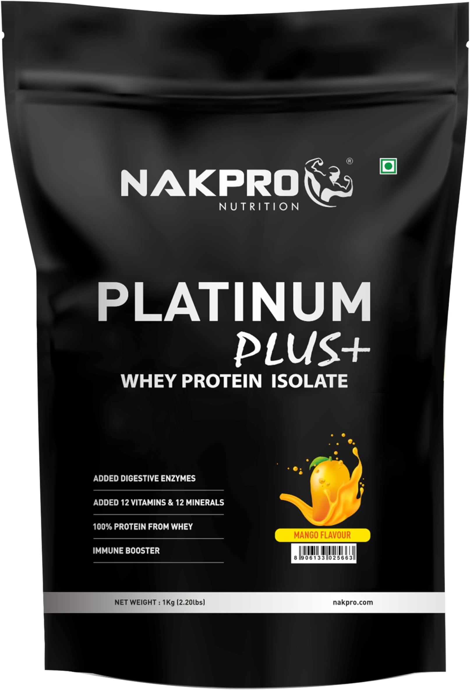 Platinum Plus+ Whey Protein Isolate with Digestive Enzymes | 28g Protein, 6.36g BCAA |Added Vitamins & Minerals (Mango, 1 Kg)