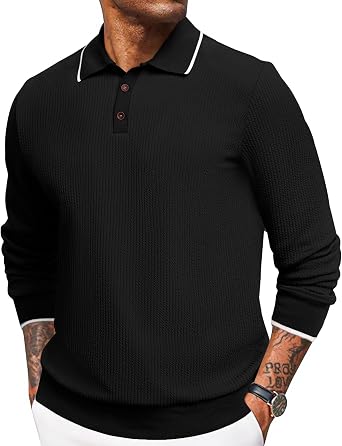 Angbater Mens Casual Polo Shirt Long Sleeve Textured Button Collared Polo Knit Stretchy Golf Pullover Sweaters