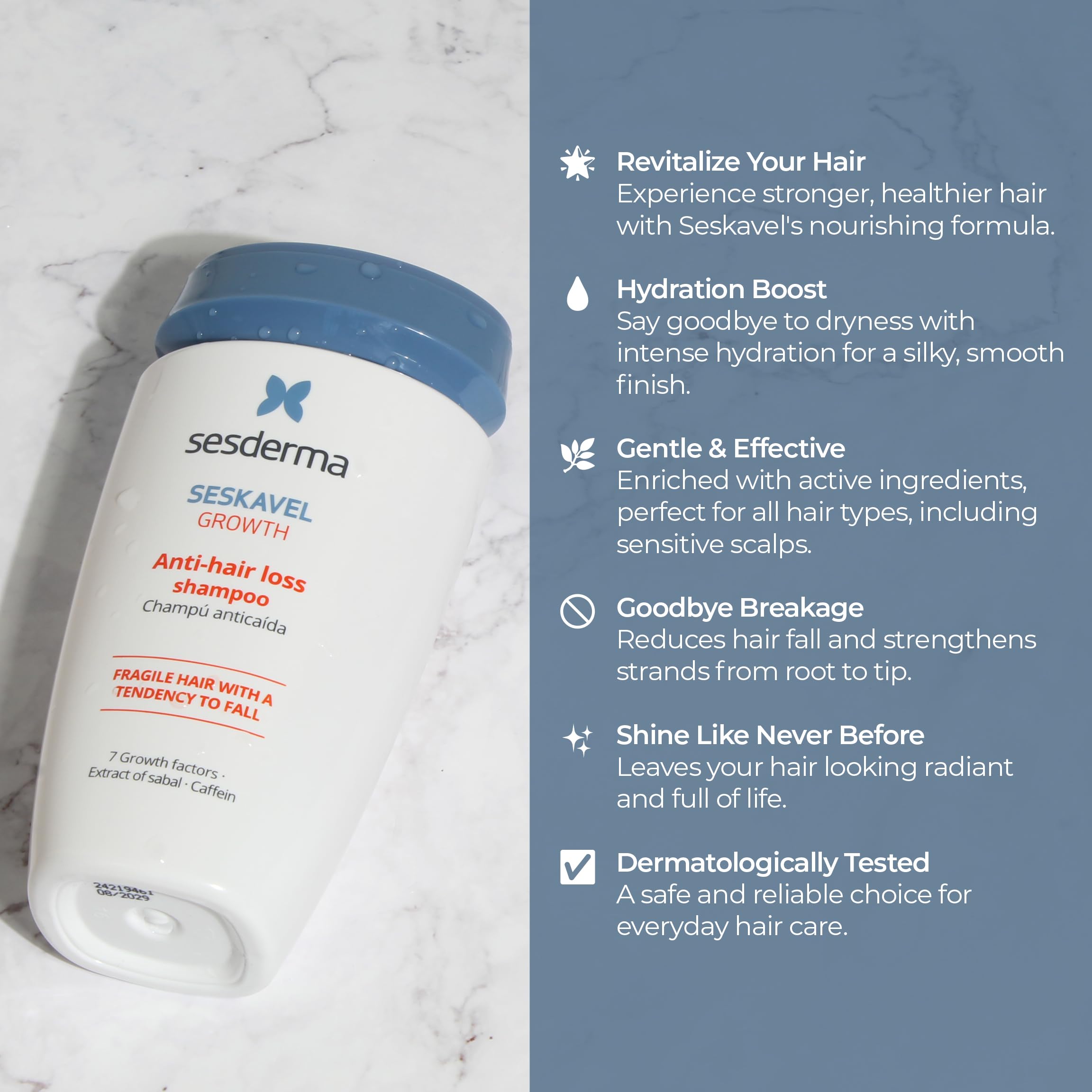 Sesderma SESKAVEL Anti-hair loss shampoo 8.45 fl. Oz | Formula with Growth Factors | Hair Treatment with Extract of Sabal & Caffeine | Fragile Hair
