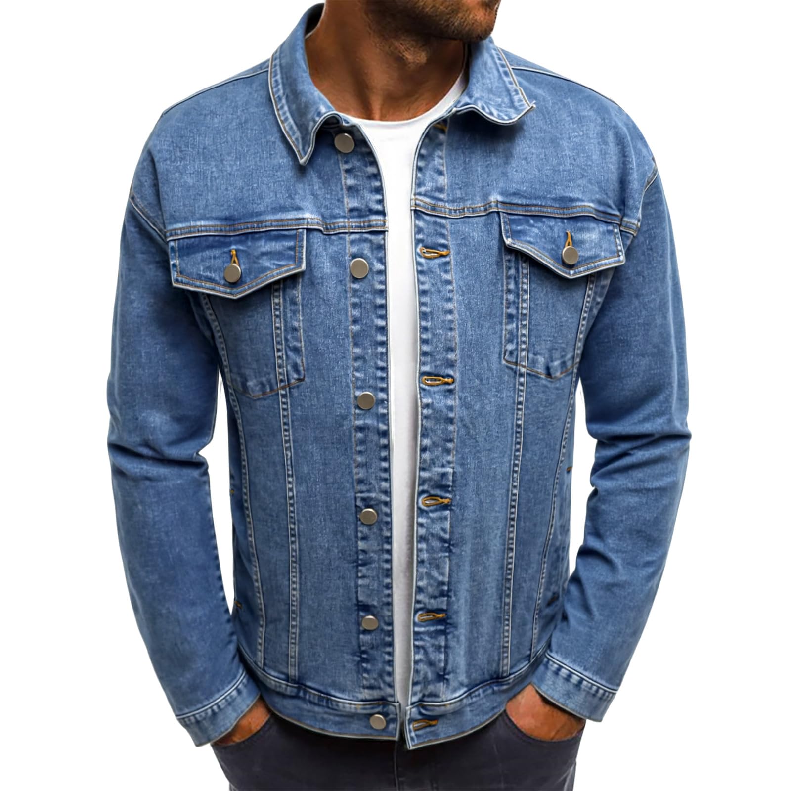 longbida Men's Casual Button Down Denim Jacket Classic Slim Fit Jean Coat-picture-38