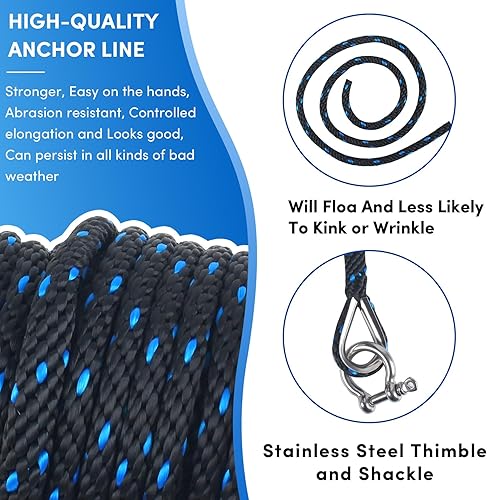 Vista 122 de Cuerda de anclaje premium de 100 pies x 3/8 pulgadas, cuerda marina de línea de anclaje MFP trenzada sólida con dedal y grillete, color negro