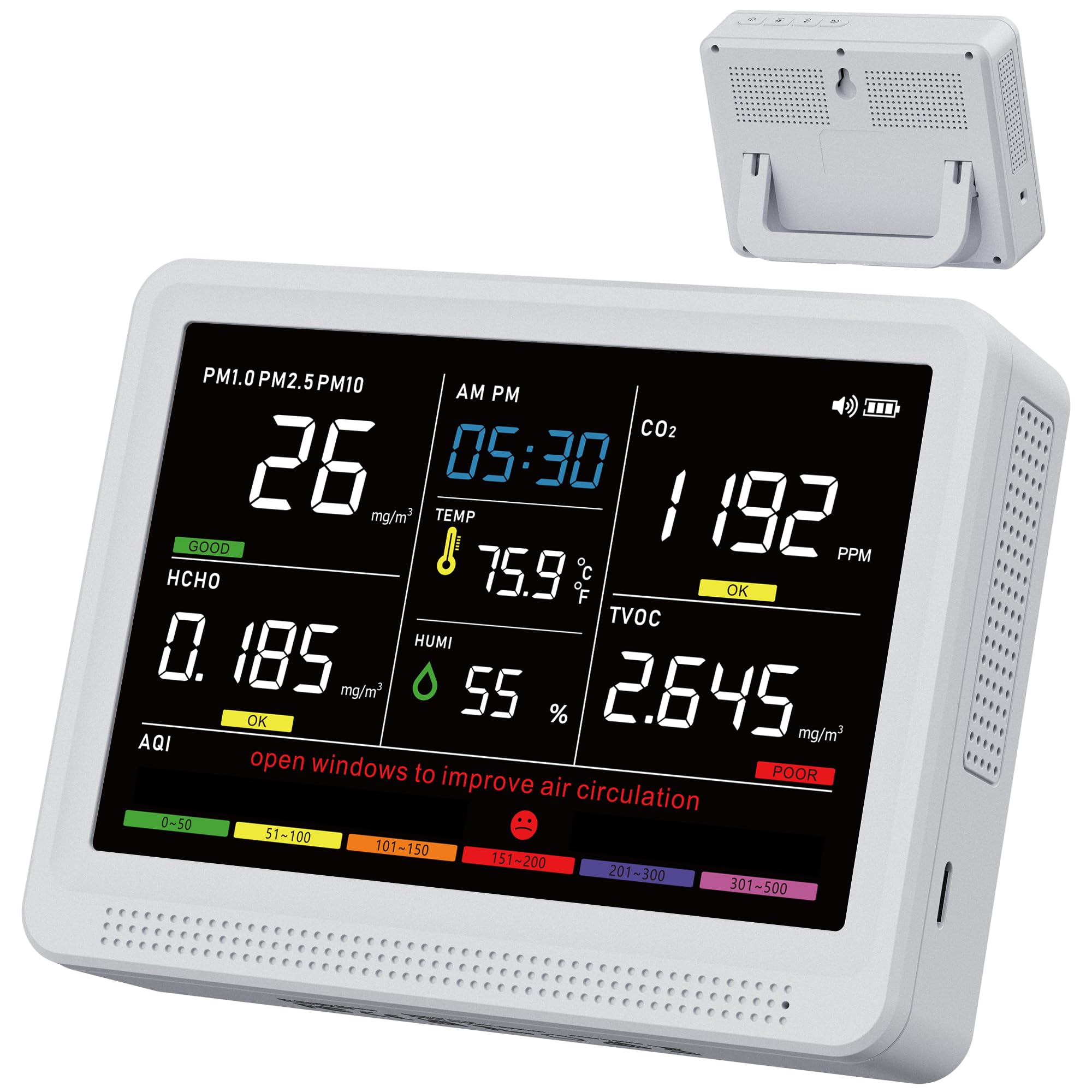 bonoch 16 in 1 Luftqualität Messgerät Luftmessgerät 9 AQI + 7 AQI Warnungen 5.5" Air Quality Monitor für CO2, TVOC, PM2,5, PM1,0, HCHO, Temperatur Feuchtigkeit AQI & Uhrzeit Luftqualitätsmonitor-Weiß