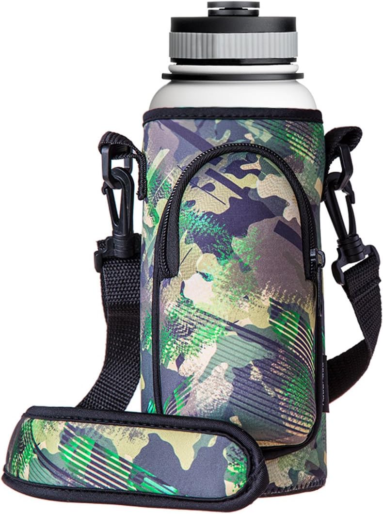 RoryTory Neoprene Water Bottle Sleeve Carrier Holder with Shoulder Strap, Pouch, Pocket & Carrying Handle (Fits 32oz / 40oz Hydro Flask, Nalgene, Juglug, Contigo, etc) Great for Glass, Plastic, Metal