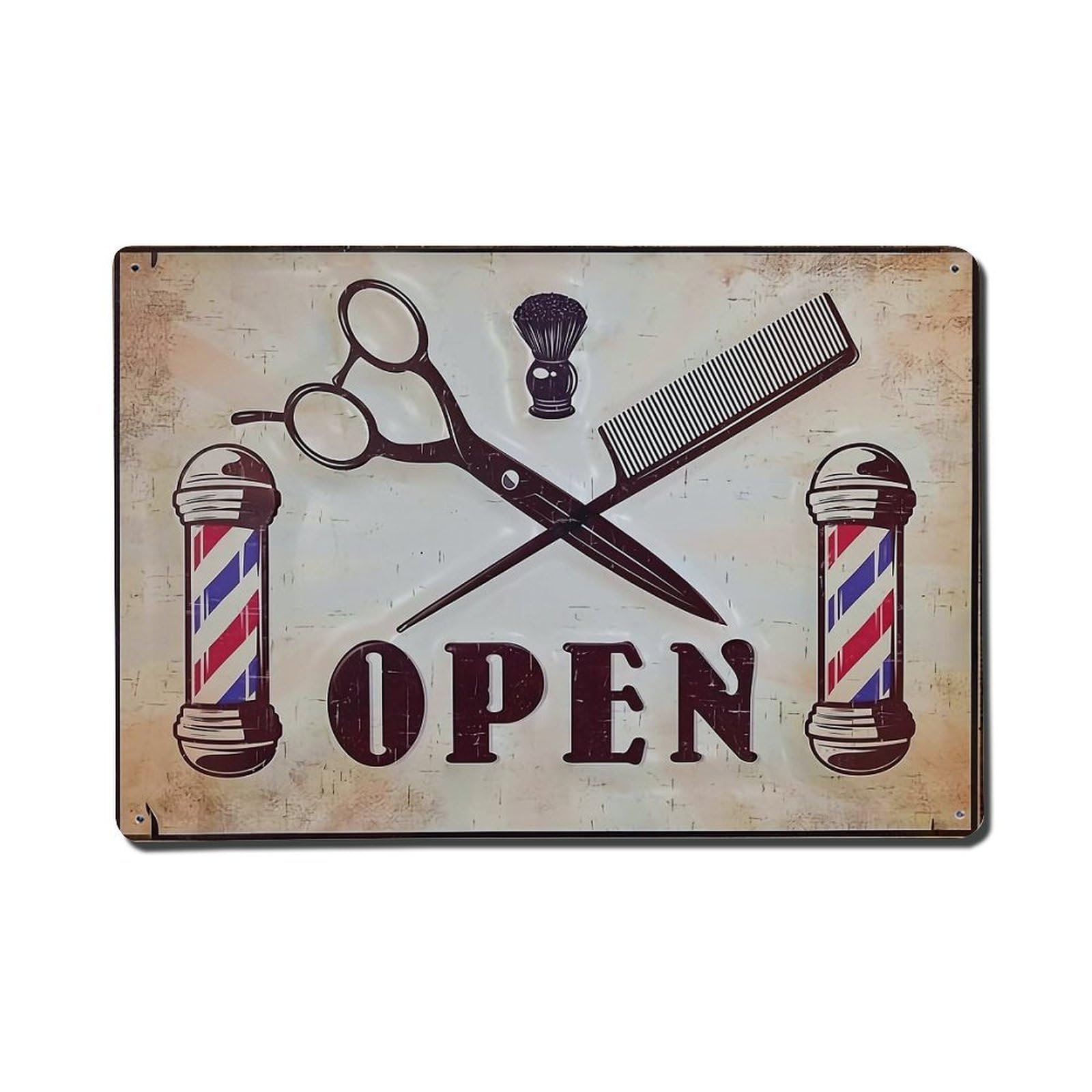 Barber Pole Scissors Comb Open Sign Metal Tin Sign Plaque