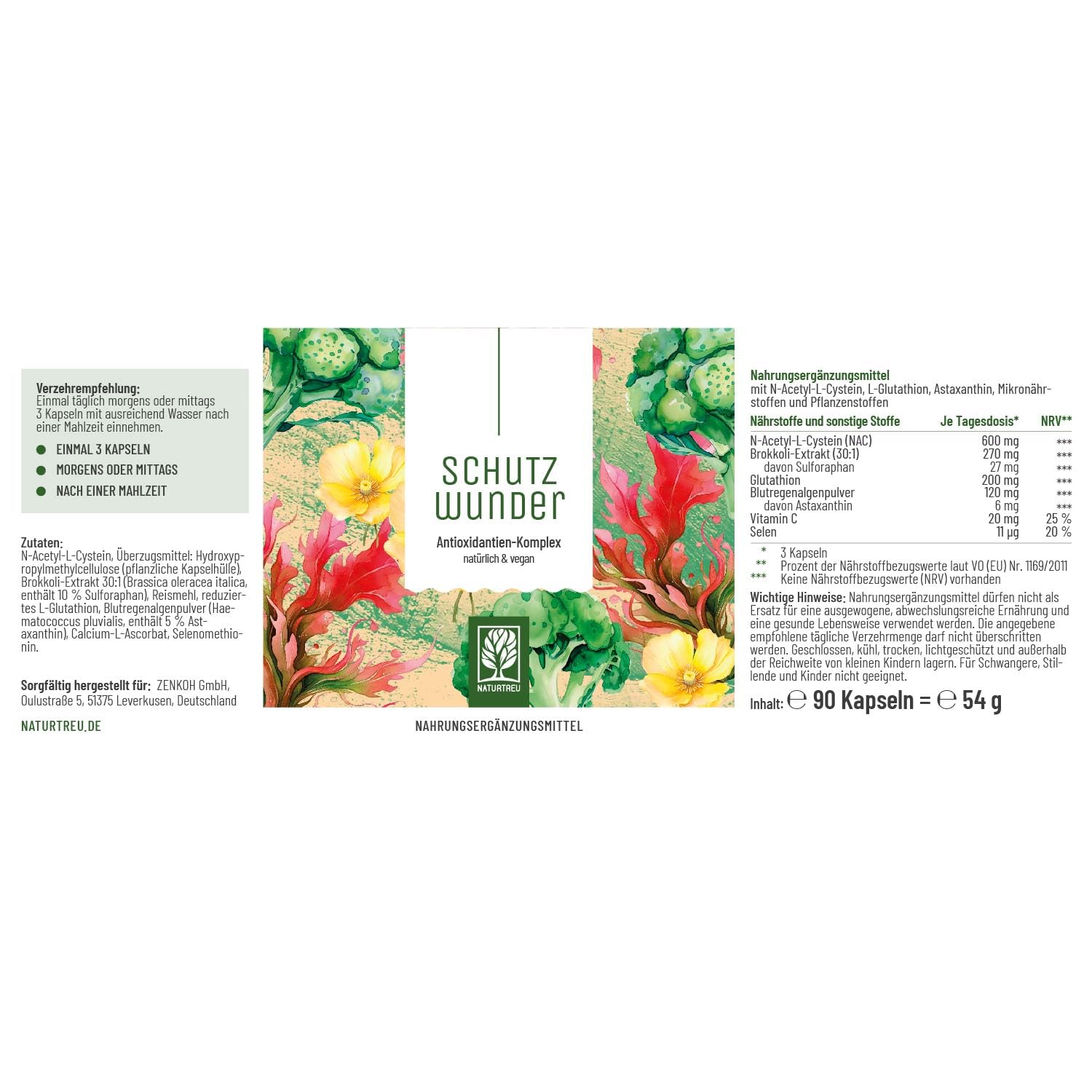 NATURTREU® NAC Antioxidantien-Komplex mit L-Glutathion, Brokkoli-Extrakt, Astaxanthin und Selen hochdosiert - Vorteilsbundle 2er Paket - Laborgeprüft & produziert in Deutschland - 180 vegane Kapseln