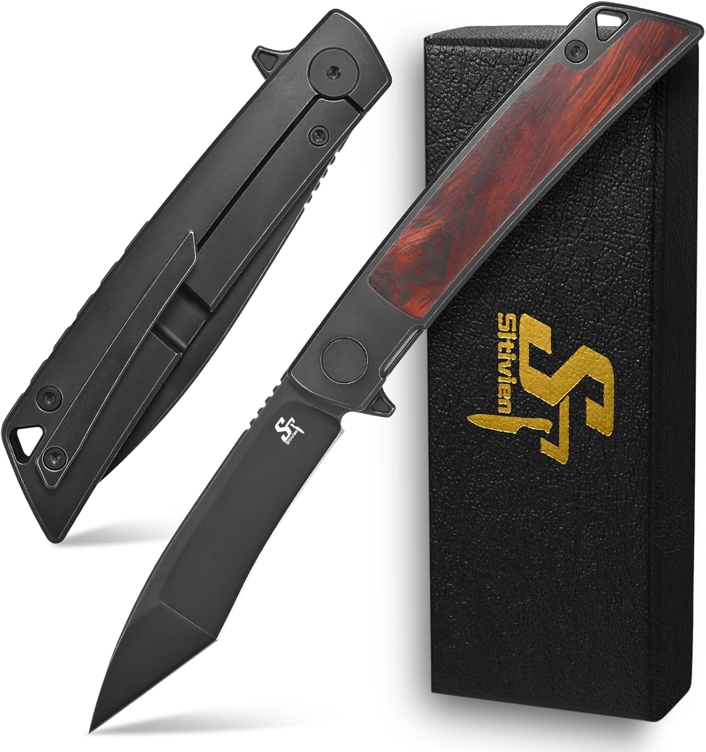 Sitivien ST777 Pocket Folding Knife,Handmade M390 Black Stonewashed Steel Blade,American Desert Ironwood Handle EDC Tool Knife for Outdoor Camping,Hiking,Hunting,Survival