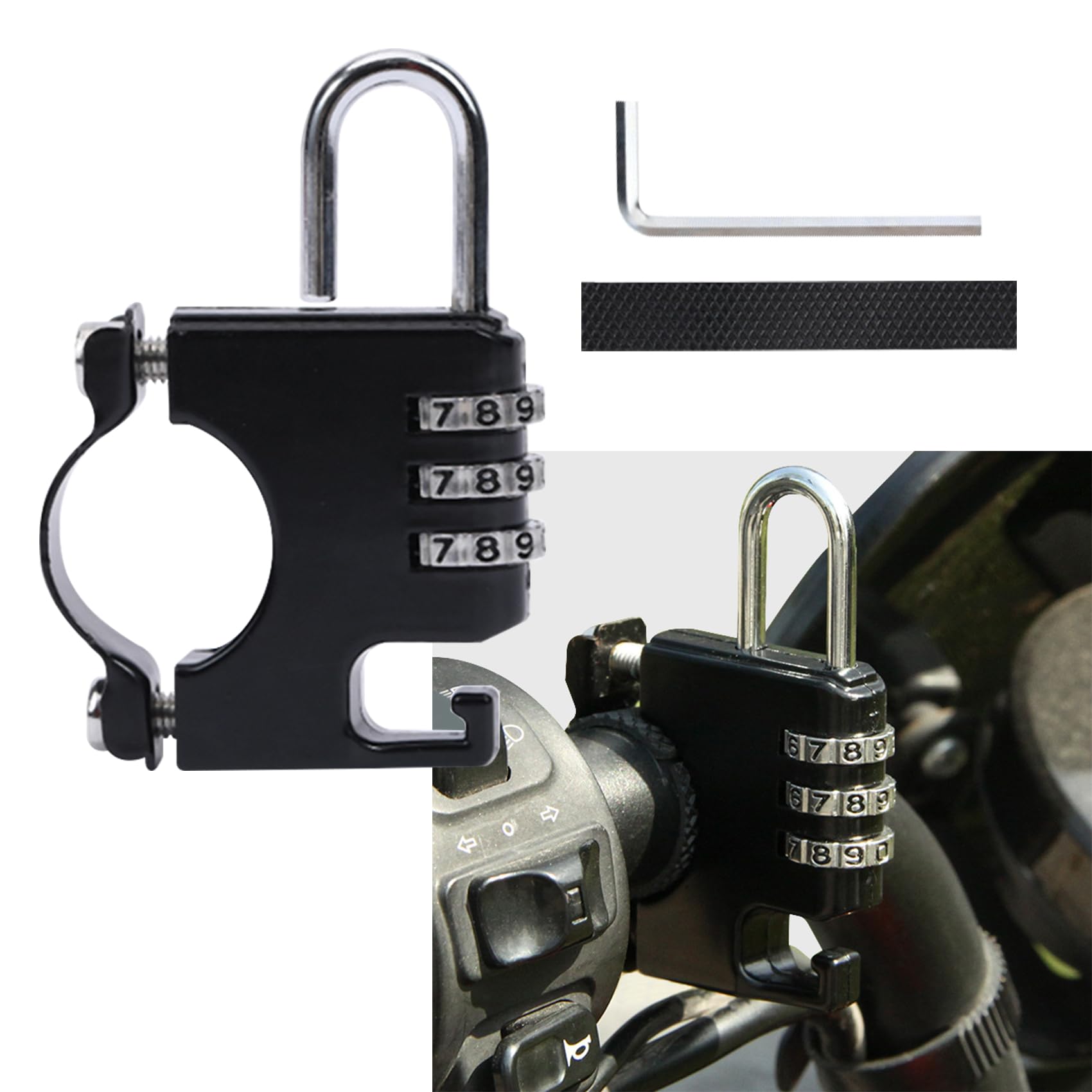 Motorcycle Lock, Bike Helmet Lock Helmet Locks, Metal Helmet Locks 3 Digit, Motorcycle Helmet Lock Anti-Theft, Helmet Safety Lock Motorbike Accessories for 22-28mm Handlebar Tubing Scooter Lock