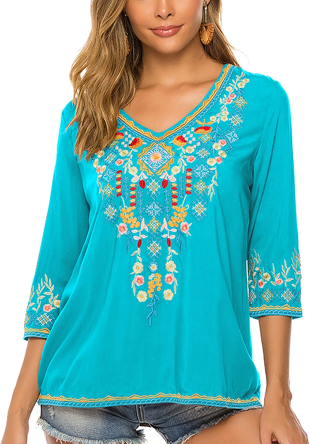 LauraKlein Women's Boho Embroidered Peasant Tops 3/4 Sleeve V Neck Mexican Bohemian Shirts Tunics Blouses - Image 2